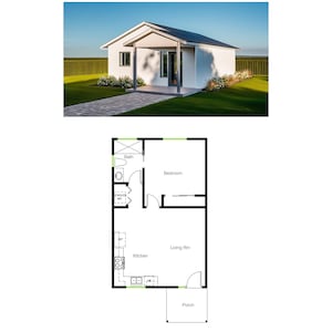 1 sovrum 1 badrum (56,5 m²) Stuga / Ranch / Minihus / Prisvärd husdesign / Litet familjehus / Planlösning för vuxna (6,2 m bredd x 9,5 m längd)