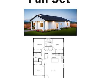 Op de afbeelding: Een zwart-witte plattegrond van een klein huis met twee slaapkamers, een badkamer, een keuken, een woonkamer en een veranda. Het huis heeft een witte buitenkant met een zwart dak en is omgeven door groen gras.