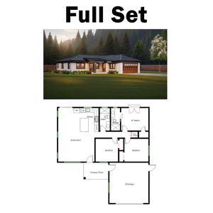 May include: A white house with a brown roof and a garage door. The house is surrounded by green grass and trees. A floor plan of the house is shown below the image. The floor plan shows the layout of the rooms, including the kitchen, bedrooms, and bathrooms.