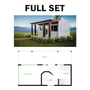 May include: A floor plan for a small house with a patio, living room, kitchen, bathroom, and a stackable washer and dryer. The house is approximately 150 square feet.