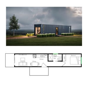 Plattegrond zeecontainer 1 slaapkamer met 1 badkamer (320SF) Plattegrond ADU gereed (8'-0" breedte x 40'-0" lengte)