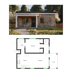 1 slaapkamer en 1 badkamer (537SF) ADU (accessoirewoning) Plattegrond huisplan (23'-0" breed x 25'-0" lang)