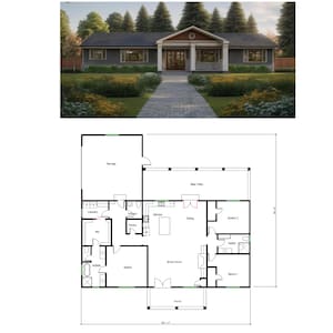 May include: A floor plan of a house with a living room, kitchen, dining room, three bedrooms, and two bathrooms. The house has a front porch and a back patio.