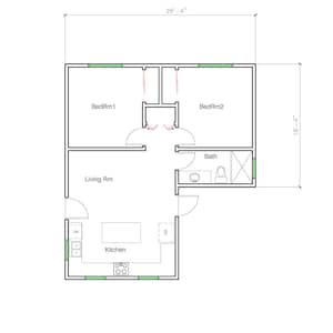 2 Schlafzimmer 1 Bad (750SF) ADU mit großer Küche (Zubehör Wohneinheit) Grundriss Hausplan (28 &#39;-4 &quot;Breite X 32&#39;-1&quot; Länge)
