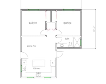 May include: A black and white floor plan of a house with two bedrooms, a living room, a kitchen, and a bathroom. The house is 28 feet 4 inches wide and 18 feet 4 inches long.