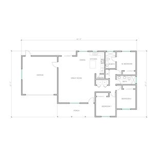 Peut inclure: Plan d'étage noir et blanc d'une maison avec trois chambres, deux salles de bain, une cuisine, une grande pièce, un porche et un garage. La maison fait environ 139 mètres carrés.