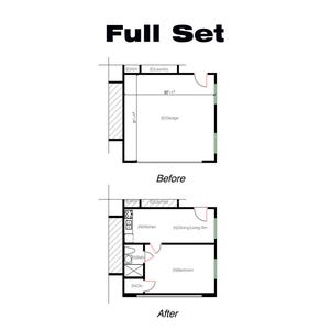 Op de afbeelding: Een zwart-witte lijntekening plattegrond die een voor en na renovatie van een huis laat zien. De plattegrond voor de renovatie toont een garage en een wasruimte. De plattegrond na de renovatie toont een keuken, een eetkamer, een badkamer, een slaapkamer en een kast.