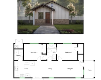 2 sovrum 1 badrum (74 m²) ADU (extra bostad) planlösning husplan (6,2 m bredd x 12,2 m längd)