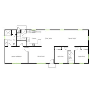 3 slaapkamers en 2 badkamers 2,758 SF Basic huisplattegrond rechthoek landelijke stijl: ruime en comfortabele starterswoning (26'8" b x 66'0" l)