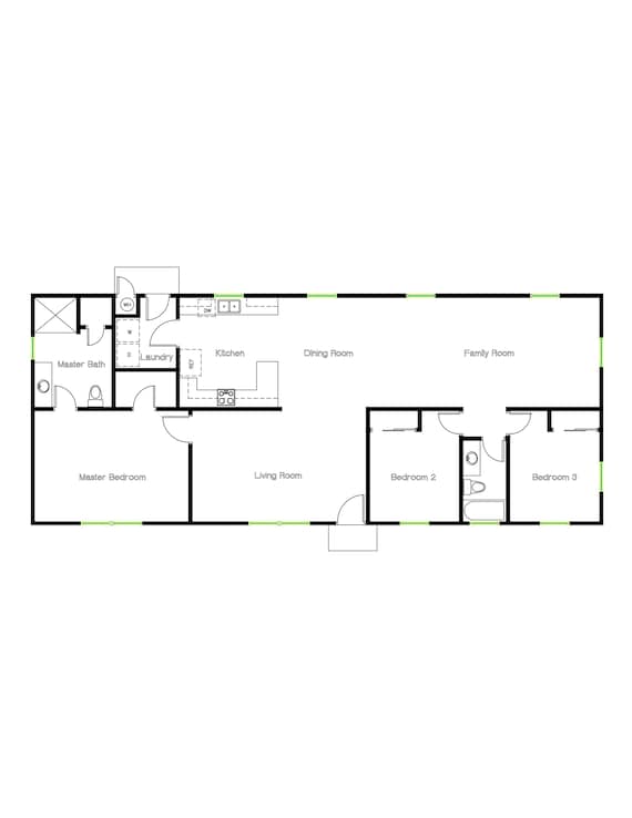 Plano básico de casa rectangular de 1758 pies cuadrados,