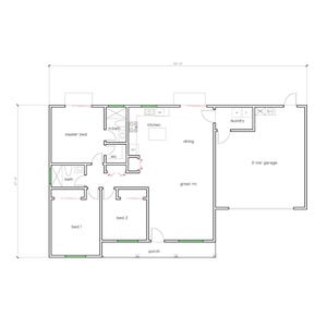May include: A black and white floor plan of a house with a two-car garage, master bedroom, kitchen, dining room, great room, laundry room, and three bedrooms.