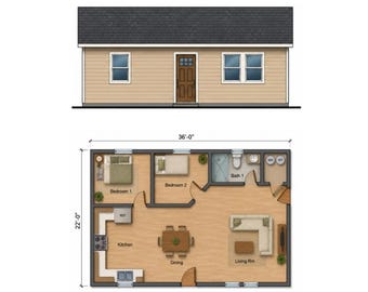 Grundriss für eine Einliegerwohnung mit 2 Schlafzimmern: 792 Quadratfuß, Hausdesign 22'x36' (Digitaler Download)