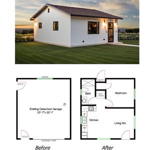 1 slaapkamer en 1 badkamer (473SF) vrijstaande garage omgebouwd tot woonruimte of ADU (accessoirewoning) Plattegrond (19'-8" x 23'-0" (breedte x 23'-0")