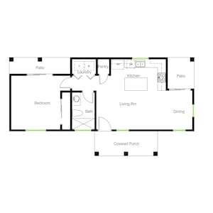 May include: A black and white floor plan of a house with a living room, kitchen, bedroom, bathroom, dining room, laundry room, pantry, and covered porch. The floor plan includes the text "Living Rm", "Kitchen", "Bedroom", "Bath", "Dining", "Laundry", "Pantry", "Covered Porch", and "Patio".