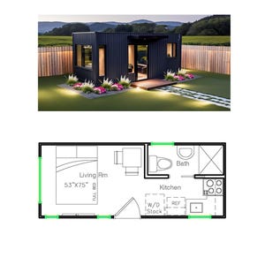 Verzendcontainer plattegrond studio met 1 badkamer (160 SF) plattegrond ADU gereed (8'-0" breedte x 20'-0" lengte)