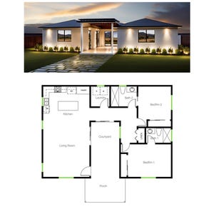 Casa de campo, rancho, casa pequeña, diseño de casa asequible, casa familiar pequeña, plano de planta de ADU (31'-3" de ancho x 43'-9" de largo) de 2 dormitorios y 2 baños (1185 pies cuadrados)