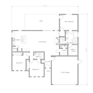 May include: A black and white floor plan of a house with a two-car garage, three bedrooms, two bathrooms, a kitchen, a great room, a patio, a porch, and a laundry room.