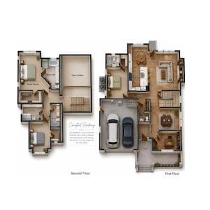 May include: A two-story residential floor plan illustration showing the first floor with a garage, kitchen, family room, and dining area, and the second floor with bedrooms and an open-to-below space. Includes a conceptual rendering text box.