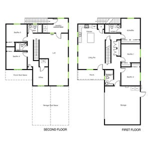 Puede incluir: Un plano de planta en blanco y negro de una casa de dos pisos. La planta baja tiene una cocina, sala de estar, tres dormitorios, dos baños y un porche. La planta superior tiene un loft, oficina, tres dormitorios y un baño. El texto "SECOND FLOOR" y "FIRST FLOOR" está en la parte inferior del plano.