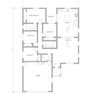 4 slaapkamers en 2 badkamers (1,488 SF) plattegrond met 1 verdieping. Prachtig grote grote kamer en groot wasruimteconcept (4'-0" x 59'-9" lengte)
