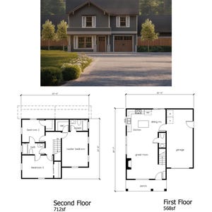 3 slaapkamers en 2 badkamers (1280 SF) Plattegrond huis met 2 verdiepingen. Compacte plattegrond maar toch ruim. Tandumgarage (3'-0" x 36'-7" (lengte))