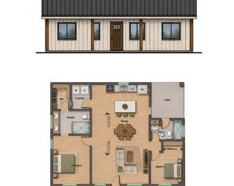 Grundriss für eine Einliegerwohnung mit 2 Schlafzimmern und 2 Bädern (1200 Quadratfuß) – Hausdesign 30'x40' (Digitaler Download)