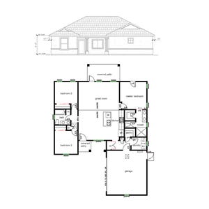 May include: A black and white floor plan of a house with a covered patio, great room, kitchen, master bedroom, two bedrooms, a bathroom, laundry room, and garage.