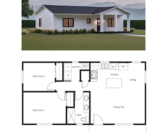 2 Bedroom 1 Bath (800SF)ADU(Accessory Dwelling Unit) Floor Plan w/ large bedrm 1, full laundry room, large bath (39&#39;-5&quot;Width X 20&#39;-3&quot;Length)