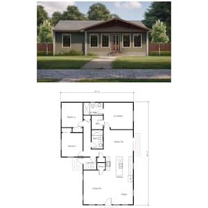Plattegrond huisplan met 3 slaapkamers en 2 badkamers. Keuken open naar woonkamer. Aparte familiekamer. (35'-5" breedte x 50'-3" lengte)