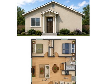 Grundriss für eine Einliegerwohnung mit 2 Schlafzimmern und 1 Badezimmer: 649 Quadratfuß großes Hausdesign (Digitaler Download)