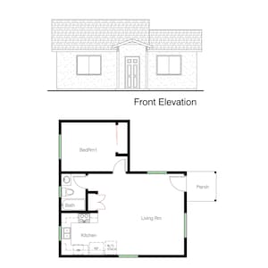 1 Bedroom 1 Bath (597SF) ADU(Accessory Dwelling Unit) Floor Plan House Plan (25&#39;-10&quot;Width X 27&#39;-9&quot;Length)