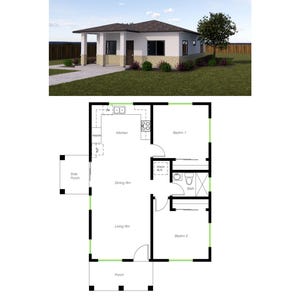 Puede incluir: Una casa sencilla, blanca, de un piso con un techo negro y un pequeño porche delantero. La casa tiene un césped verde y algunos árboles en el jardín delantero. Un plano de planta de la casa se muestra a continuación, con habitaciones etiquetadas como "Cocina", "Comedor", "Sala de estar", "Dormitorio 1", "Dormitorio 2", "Baño" y "Porche".