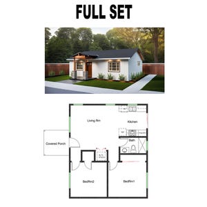 May include: A white, single-storey house with a black roof and a covered porch. The house has a simple design with a few windows and a front door. The house is surrounded by green grass and trees.