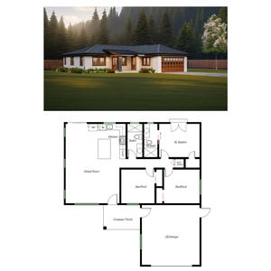 May include: A floor plan of a house with a covered porch, garage, great room, kitchen, bathroom, and three bedrooms. The house has a white exterior with a black roof.