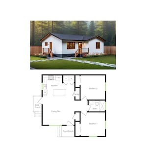 May include: A simple white house with a black roof and brown trim. The house has a front porch, a side porch, a living room, a kitchen, a pantry, two bedrooms, and a bathroom. The house is surrounded by trees and a grassy lawn.