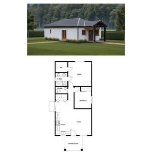 May include: A black and white floor plan of a small house with a covered porch, kitchen, family room, bedroom, and two bathrooms. The house has a white exterior with a black roof.