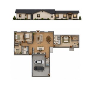 Plattegrond van een gelijkvloerse woning met 4 slaapkamers en 3 badkamers, open woonconcept (PDF-download)
