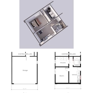 1 Schlafzimmer 1 Bad (398SF) Garagenumwandlung nach ADU- oder JADU-Grundriss für bestehende Garagen mit den Abmessungen (19 &#39;3 &quot;&quot;Breite X 20&#39;-4&quot;&quot;
