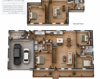 May include: A two-story floor plan illustration showing a first floor with a garage, kitchen, dining area, great room, and three bedrooms, and a second floor with a loft, game room, and bedroom. Text includes Conceptual Rendering.