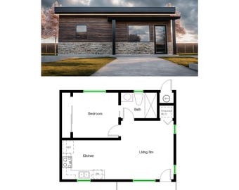 1 sovrum 1 badrum (46 m²) ADU (extra bostad) planlösning Husplan (6,2 m bredd x 7,2 m längd)