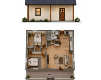 Grundriss für ein Cottage-Haus mit 2 Schlafzimmern und 1 Badezimmer (672 Quadratfuß) (Digitaler Download)