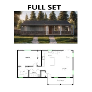 Puede incluir: Imagen que muestra el exterior de una casa y un plano de planta. La casa tiene un exterior gris con un techo oscuro, una base de piedra y un porche cubierto. El plano de planta muestra la distribución con habitaciones etiquetadas: dormitorio, baño, lavandería, cocina, comedor y sala de estar.