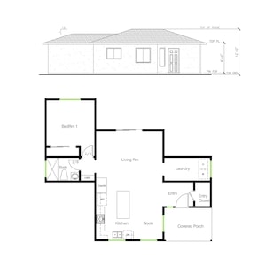 1 Schlafzimmer 1 Bad (842 SF) Landhaus /Ranch/Tiny Haus/Erschwingliches Haus Design/Kleines Einfamilienhaus / ADU Grundriss (34 &#39;-5 &quot;Breite X 40&#39;-3&quot;Länge)