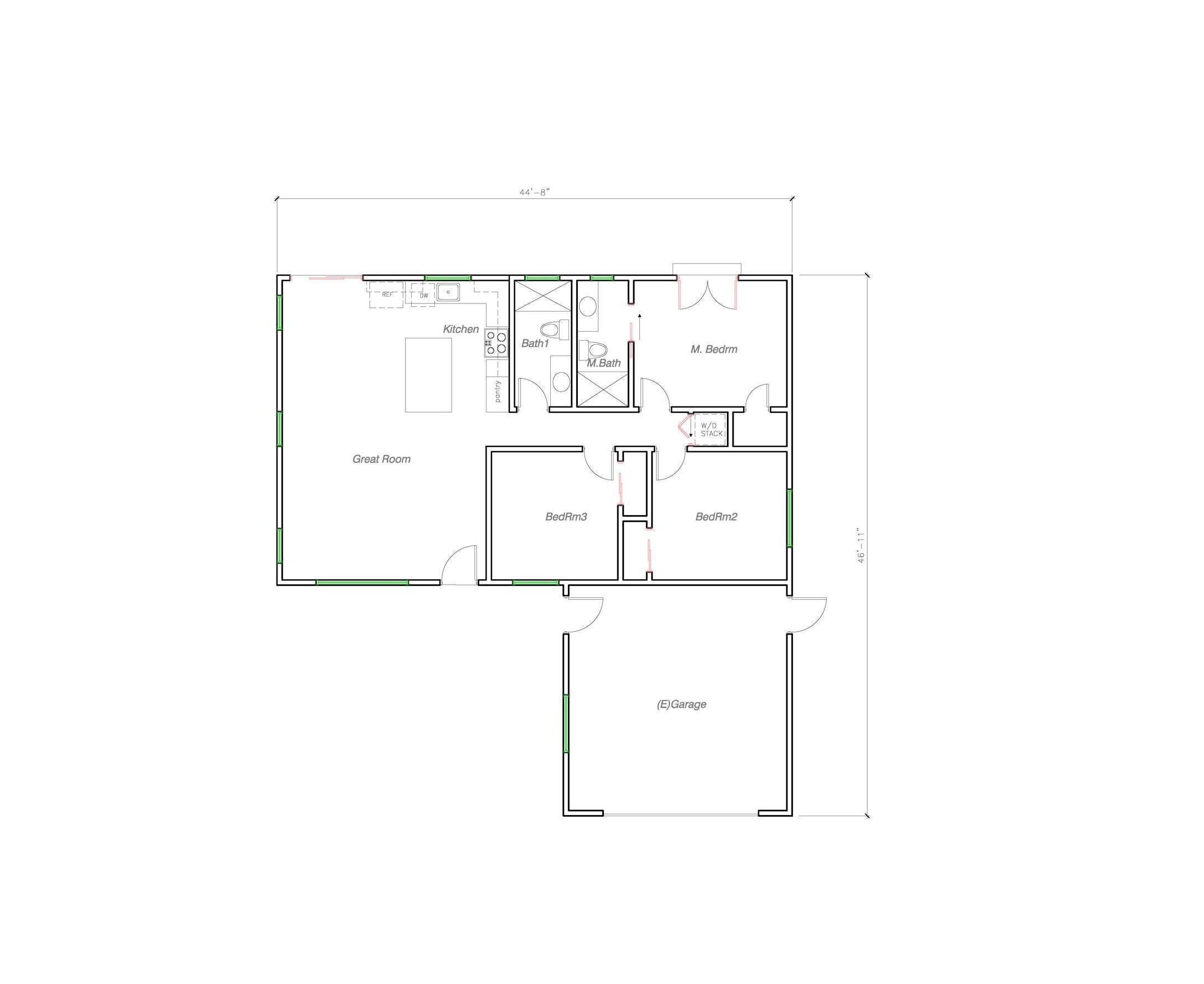 3 Bedroom 2 Bath 1200SF Adu-floor Plan W/ Open Kitchen Concept. 44 ...