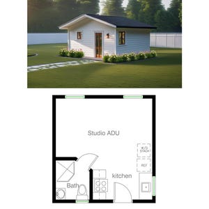 May include: A white studio ADU floor plan with a bathroom, kitchen, and a washer and dryer stack. The text "Studio ADU" is at the top of the plan.
