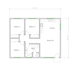 2 slaapkamers en 1 badkamer (1.000 SF) ADU (accessoirewoning) Plattegrond huis Grote kamer en grote badkamer. (36'-0"Breedte x 28'-0"Lengte)
