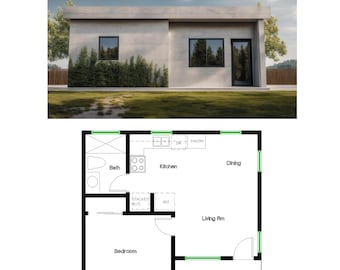 1 sovrum 1 badrum (46,5 m²) ADU (extra bostad) planlösning Husplan (7,2 m bredd x 6,2 m längd)