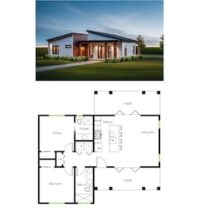 May include: A floor plan of a modern home with a kitchen, living room, two bedrooms, and two bathrooms. The home has a loggia on both sides.