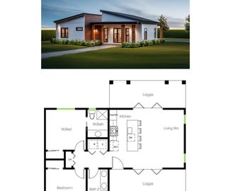 May include: A floor plan of a modern home with a kitchen, living room, two bedrooms, and two bathrooms. The home has a loggia on both sides.