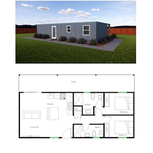 Plattegrond zeecontainer, 2 slaapkamers en 2 badkamers (639SF) Plattegrond ADU gereed (16'-0" x 40'-0" (breedte x 40'-0")